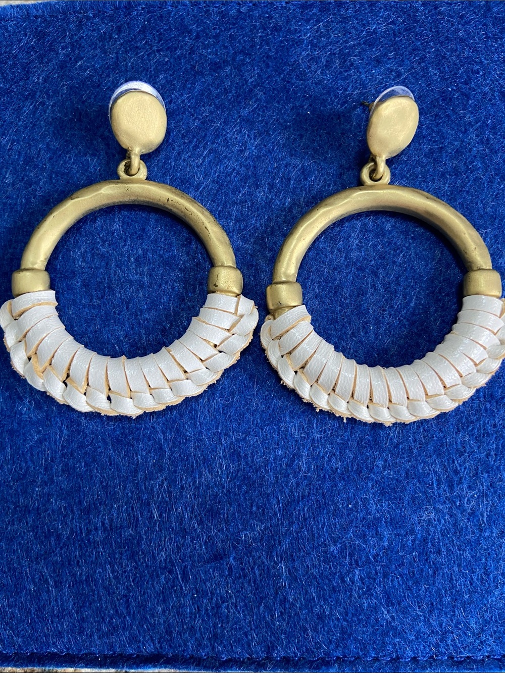 Patricia Nash Gold Door Knocker Earrings with White Braided Leather Accents